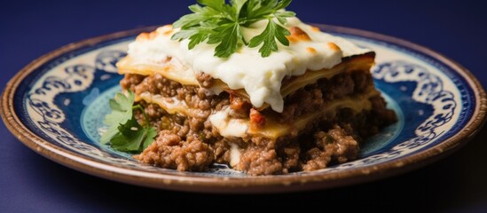 A mouthwatering Greek moussaka, layers of eggplant, minced meat, and , garnished with parsley on a checkered tablecloth. Generative AI.