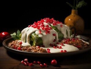A plate with a delicious stuffed pepper covered in savory sauce. Generative AI.