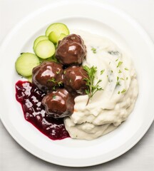 A delicious plate of mashed potatoes topped with meatballs. Generative AI.