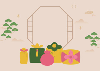 Korean traditional vector illustration with holiday gifts.