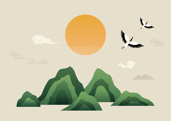 Korean New Year vector illustration of sun, mountains and crane birds.