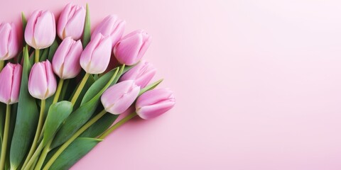 Spring flowers tulip. Bouquet of flowers on pastel pink background. Valentine's Day, Easter, Birthday, Happy Women's Day, Mother's Day. Flat lay, top view, copy space for text