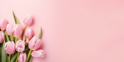 Spring flowers tulip. Bouquet of flowers on pastel pink background. Valentine's Day, Easter, Birthday, Happy Women's Day, Mother's Day. Flat lay, top view, copy space for text