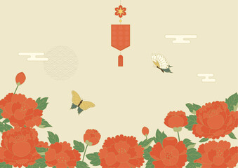Korean vector illustration of red peony flower and butterfly.