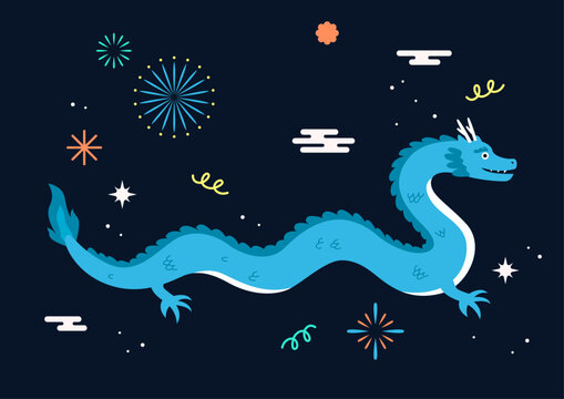 Korean New Year vector illustration of a blue dragon.