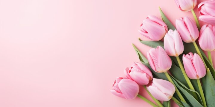 Spring flowers tulip. Bouquet of flowers on pastel pink background. Valentine's Day, Easter, Birthday, Happy Women's Day, Mother's Day. Flat lay, top view, copy space for text