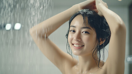 お風呂でシャワーを浴びるアジア人女性
