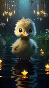 Moonlit Pond Dream of Duckling. Top-Notch 4K Looping Video Animation for Backgrounds.
