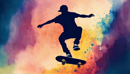 スケートボード、飛び越えるスケートボーダー、水彩画｜Skateboard, jumping skateboarder, watercolor painting. Generative AI - obrazy, fototapety, plakaty