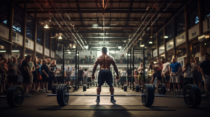 An intense CrossFit competition in a well-equipped gym.