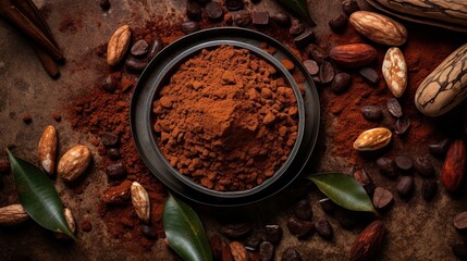 Top view a bowl cocoa powder on the table AI Generative