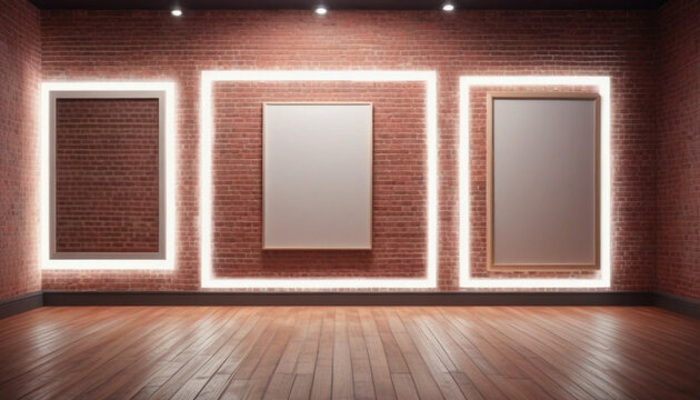 Empty frame gallery room with clear picture frame sample. Red brick wall and spot lights for exhibition created with generative ai