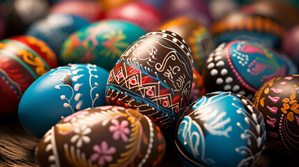 Fototapeta na wymiar A close-up of hand-painted Easter eggs with intricate designs.