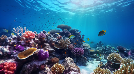 Fototapeta na wymiar A coral reef teeming with marine life showcasing the beauty and fragility of underwater ecosystems.