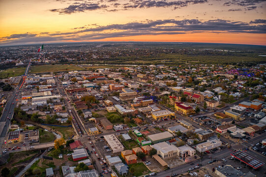 Aerial View of the popular Border Towns of Eagle Pass, Texas and Piedras Negras, Coahuila at Sunset