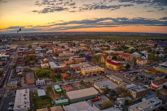 Aerial View of the popular Border Towns of Eagle Pass, Texas and Piedras Negras, Coahuila at Sunset