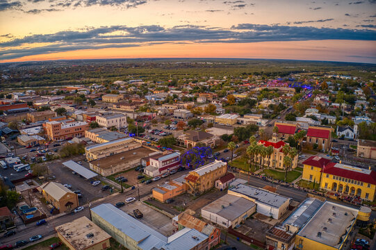 Aerial View of the popular Border Towns of Eagle Pass, Texas and Piedras Negras, Coahuila at Sunset