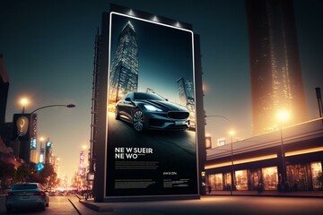 Tall lit billboard on urban street with surrounding buildings, vehicles and available advertising. Generative AI