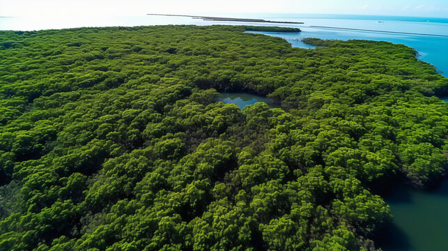 A birds-eye view of a dense mangrove forest vital for coastal protection and biodiversity.