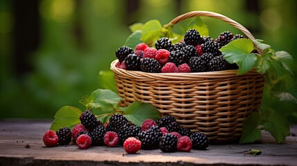 Portrait fresh black berry on the wooden basket AI Generative