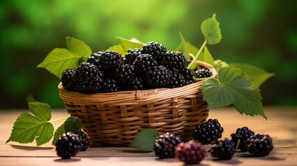 Portrait fresh black berry on the wooden basket AI Generative