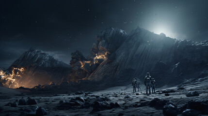 A group of astronauts exploring the rugged terrain of an asteroid belt. - obrazy, fototapety, plakaty