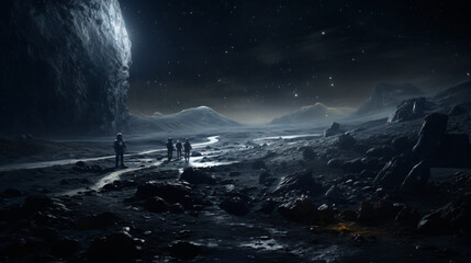 A group of astronauts exploring the rugged terrain of an asteroid belt. - obrazy, fototapety, plakaty