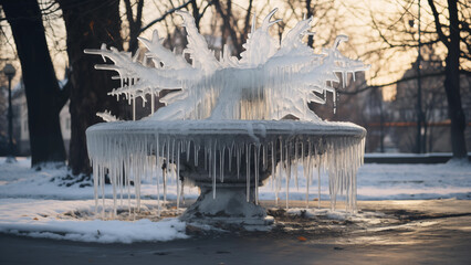 Fototapeta na wymiar Frozen Water Fountain with Icicles on a Cold Winter Day