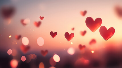 Valentine hearts flying on sunset sky, bokeh sunlight abstract background, love and valentines day illustration