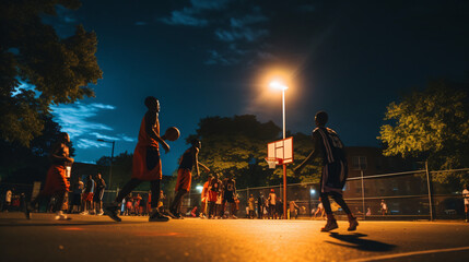 A night-time basketball game on an outdoor urban court.
