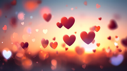Valentine hearts flying on sunset sky, bokeh sunlight abstract background, love and valentines day illustration