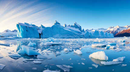 A panoramic view of a melting glacier illustrating the effects of climate change.