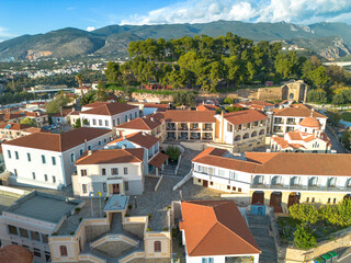 Aerial view over the old historical center of Kalamata seaside city, Greece by the Castle of...