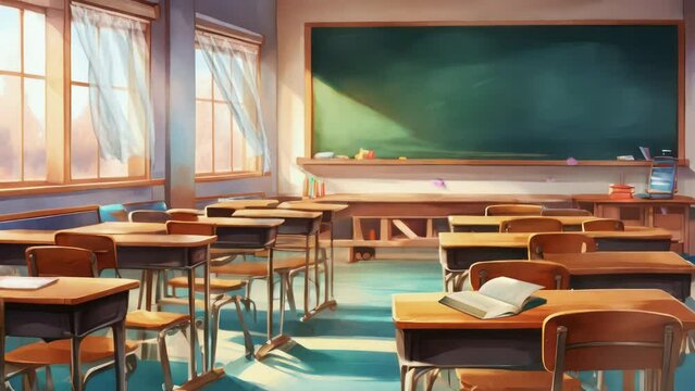 Empty classroom with neat desks, big chalkboard and chairs. School Cartoon watercolor painting illustration style. seamless looping 4K virtual video animation background. Generated with AI