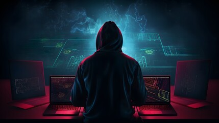 A hooded figure hacking data servers and laptops on the internet while trying to hack vulnerable...