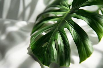 Monstera palm tree with big green leaves next to white wall with natural shadows. AI Generated