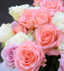 Beautiful bouquet of aromatic roses outdoors, closeup