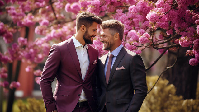 A Young Gay Couple in Suits Looking at Each Other Lovingly in a Spring Park