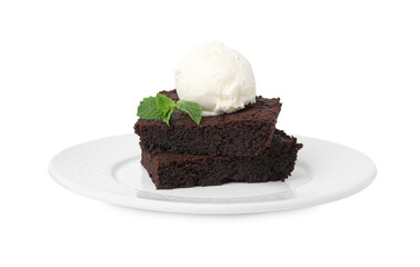 Tasty brownies with ice cream and mint isolated on white