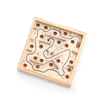 Wooden toy maze with metal ball isolated on white, top view