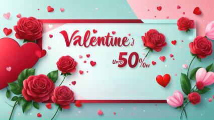 Valentine's day sale banner with red roses and hearts