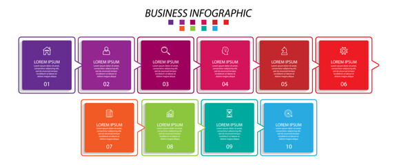 business infographic design with 10 parts or steps, there are icons, text and numbers, colorful square design with interconnected lines, for workflow diagrams, banners and your business