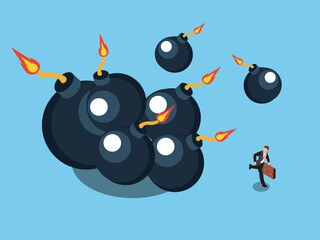 Businessman running away from bombs isometric 3d vector concept