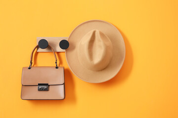 Rack with brown hat and bag on orange wall