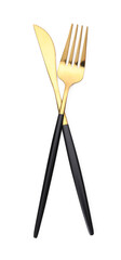 Shiny golden fork and knife isolated on white. Luxury cutlery