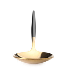 One shiny golden spoon with black handle isolated on white