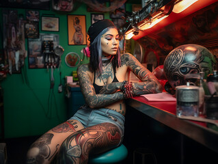 Estudio de tatuajes con chica tatuadora alternativa tatuada con el pelo de colores en su cabina de tatuaje