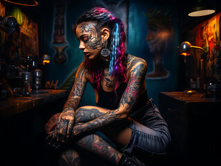 Fototapeta na wymiar Estudio de tatuajes con chica tatuadora alternativa tatuada con el pelo de colores en su cabina de tatuaje
