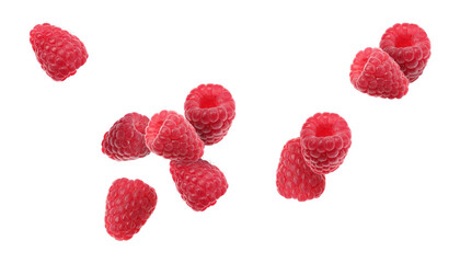 Fresh ripe raspberries falling on white background