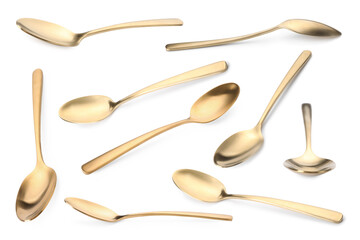 Golden spoon isolated on white, different sides. Kitchen utensil